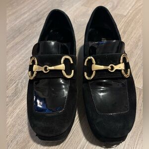 Jeffrey Campbell Black Suede Platform Loafers with Gold Accent